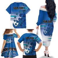 Personalised Cook Islands Va'a Race Family Matching Off The Shoulder Long Sleeve Dress and Hawaiian Shirt Te Tatau Tattoos Sporty Style Light Blue Color - Polynesian Pride