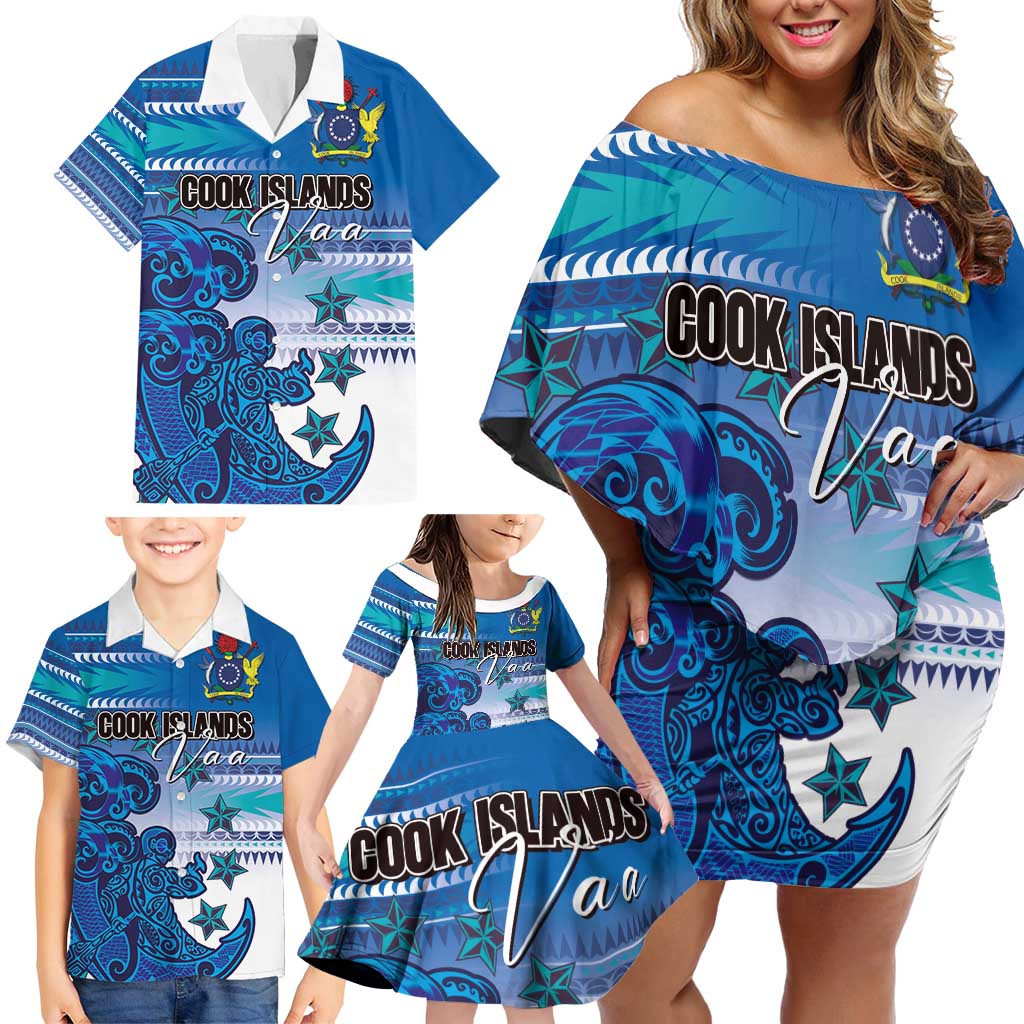 Personalised Cook Islands Va'a Race Family Matching Off Shoulder Short Dress and Hawaiian Shirt Te Tatau Tattoos Sporty Style Light Blue Color - Polynesian Pride