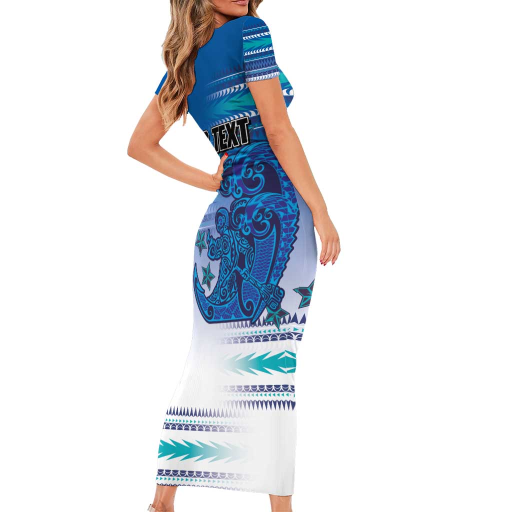 Personalised Cook Islands Va'a Race Family Matching Short Sleeve Bodycon Dress and Hawaiian Shirt Te Tatau Tattoos Sporty Style Light Blue Color - Polynesian Pride