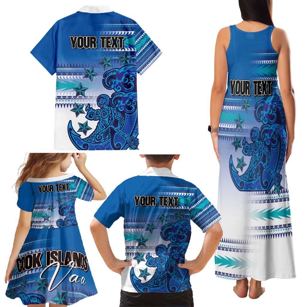 Personalised Cook Islands Va'a Race Family Matching Tank Maxi Dress and Hawaiian Shirt Te Tatau Tattoos Sporty Style Light Blue Color - Polynesian Pride