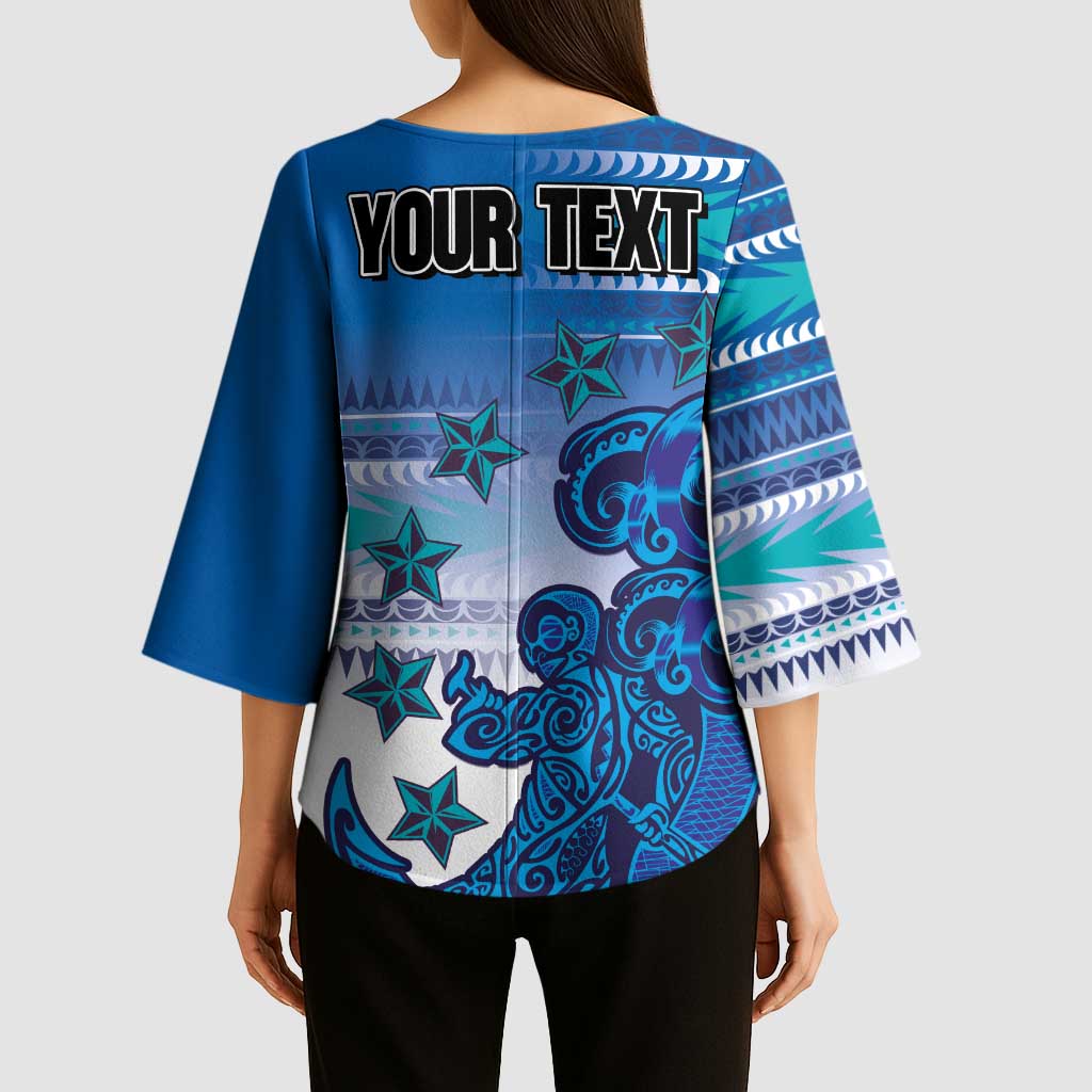 Personalised Cook Islands Va'a Race Kimono Sleeve Blouse Te Tatau Tattoos Sporty Style Light Blue Color - Polynesian Pride