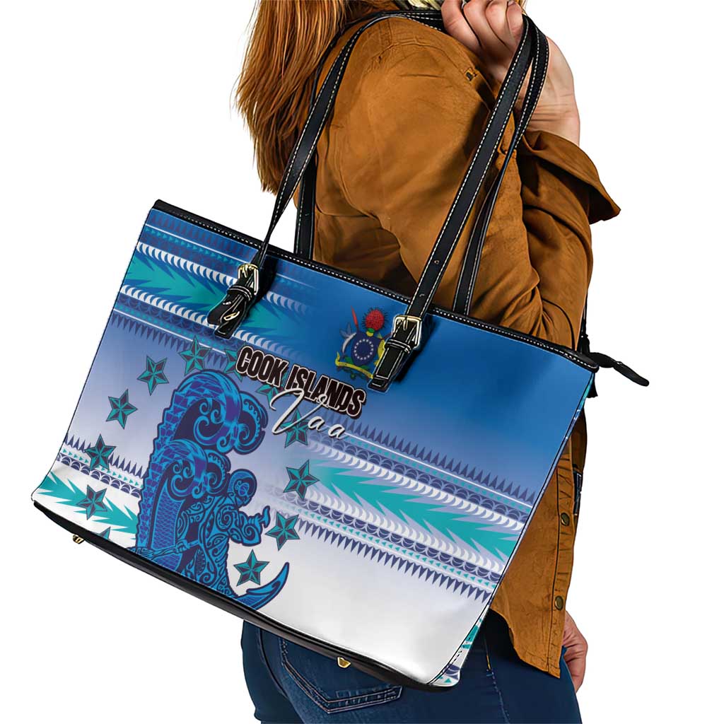 Cook Islands Va'a Race Leather Tote Bag Te Tatau Tattoos Sporty Style Light Blue Color - Polynesian Pride