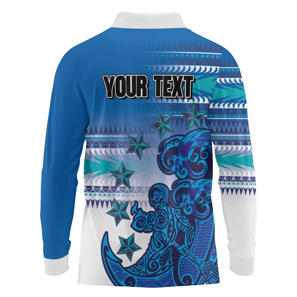 Personalised Cook Islands Va'a Race Long Sleeve Polo Shirt Te Tatau Tattoos Sporty Style Light Blue Color - Polynesian Pride