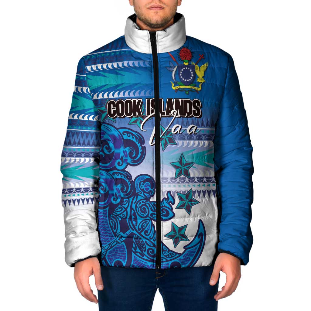 Personalised Cook Islands Va'a Race Padded Jacket Te Tatau Tattoos Sporty Style Light Blue Color - Polynesian Pride