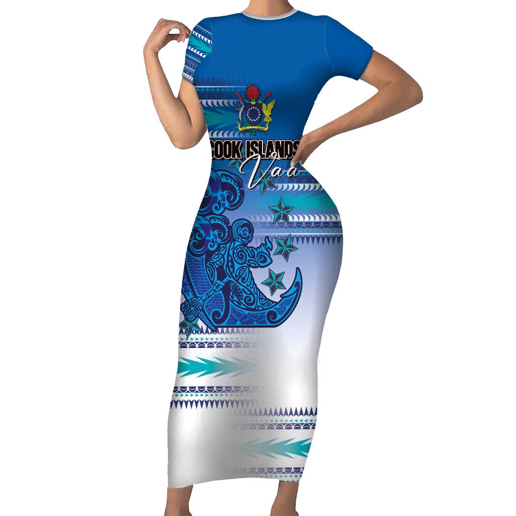 Personalised Cook Islands Va'a Race Short Sleeve Bodycon Dress Te Tatau Tattoos Sporty Style Light Blue Color - Polynesian Pride