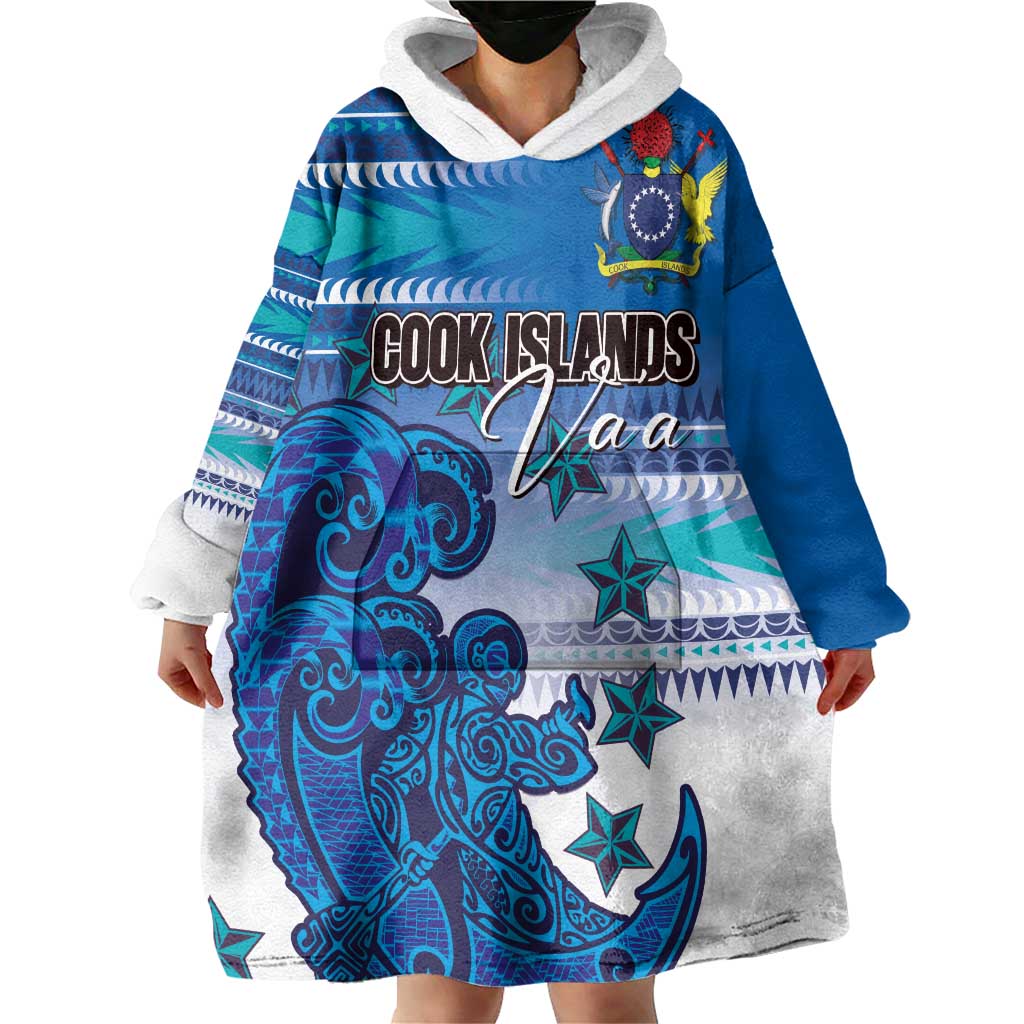 Personalised Cook Islands Va'a Race Wearable Blanket Hoodie Te Tatau Tattoos Sporty Style Light Blue Color - Polynesian Pride