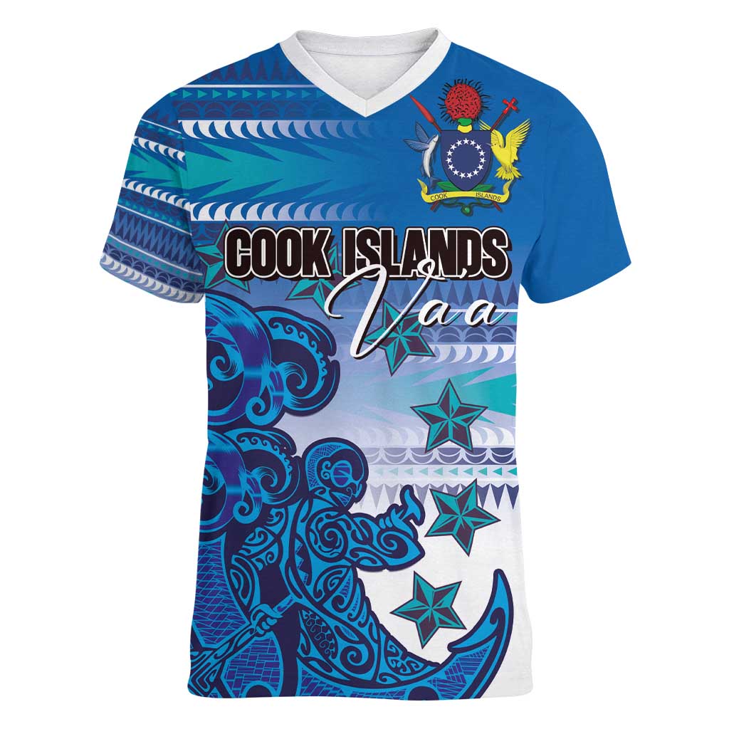 Personalised Cook Islands Va'a Race Women V-Neck T-Shirt Te Tatau Tattoos Sporty Style Light Blue Color - Polynesian Pride