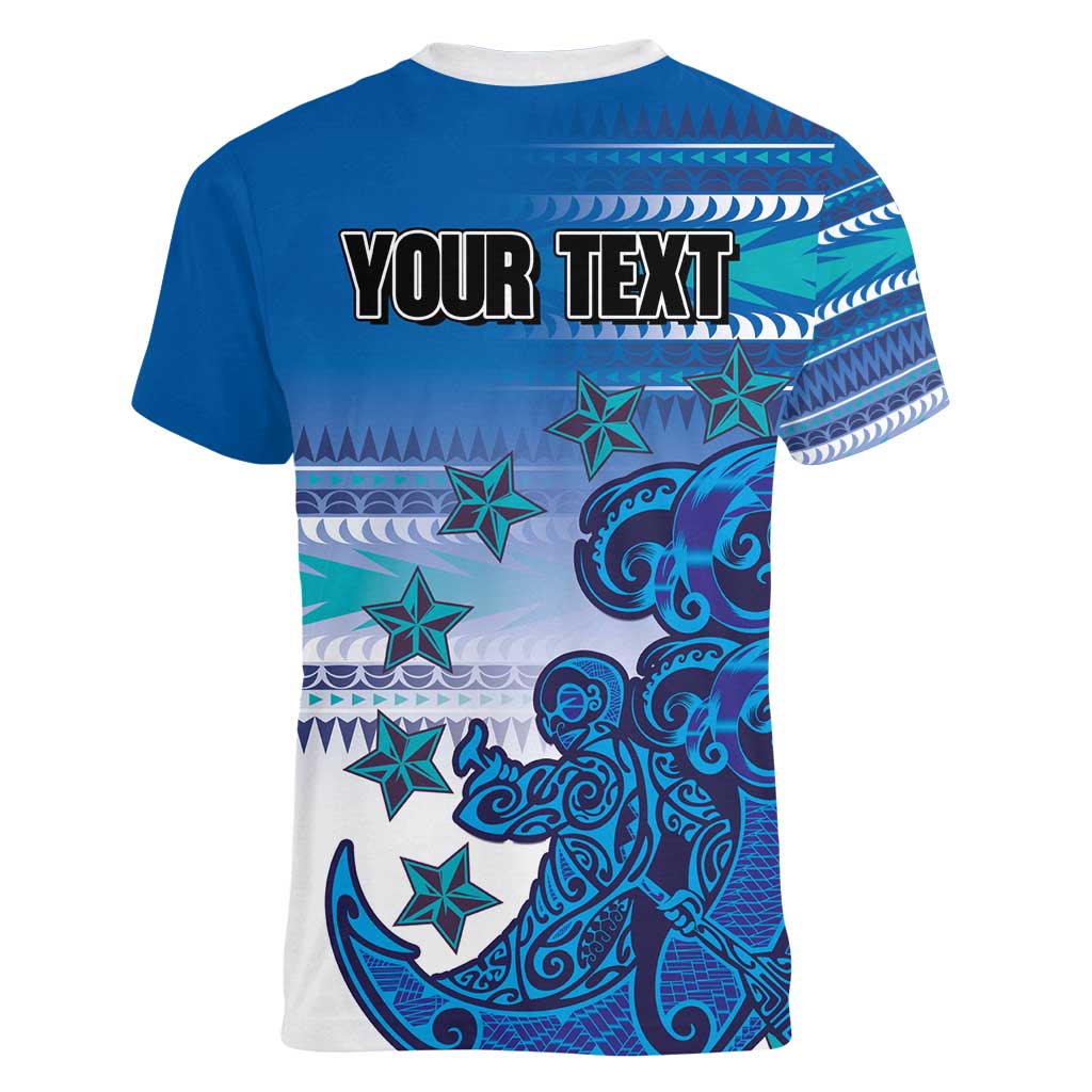 Personalised Cook Islands Va'a Race Women V-Neck T-Shirt Te Tatau Tattoos Sporty Style Light Blue Color - Polynesian Pride