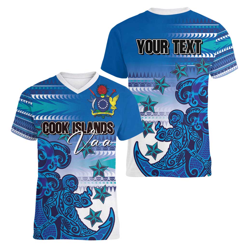 Personalised Cook Islands Va'a Race Women V-Neck T-Shirt Te Tatau Tattoos Sporty Style Light Blue Color - Polynesian Pride