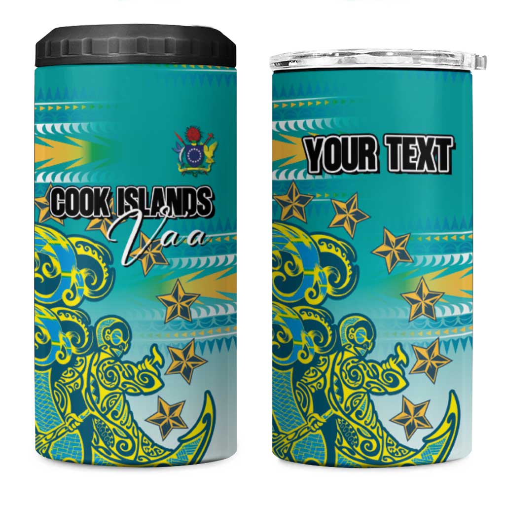 Personalised Cook Islands Va'a Race 4 in 1 Can Cooler Tumbler Te Tatau Tattoos Sporty Style Turquoise Color - Polynesian Pride