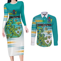 Personalised Cook Islands Va'a Race Couples Matching Long Sleeve Bodycon Dress and Long Sleeve Button Shirt Te Tatau Tattoos Sporty Style Turquoise Color - Polynesian Pride