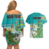Personalised Cook Islands Va'a Race Couples Matching Off Shoulder Short Dress and Hawaiian Shirt Te Tatau Tattoos Sporty Style Turquoise Color - Polynesian Pride