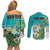 Personalised Cook Islands Va'a Race Couples Matching Off Shoulder Short Dress and Long Sleeve Button Shirt Te Tatau Tattoos Sporty Style Turquoise Color - Polynesian Pride