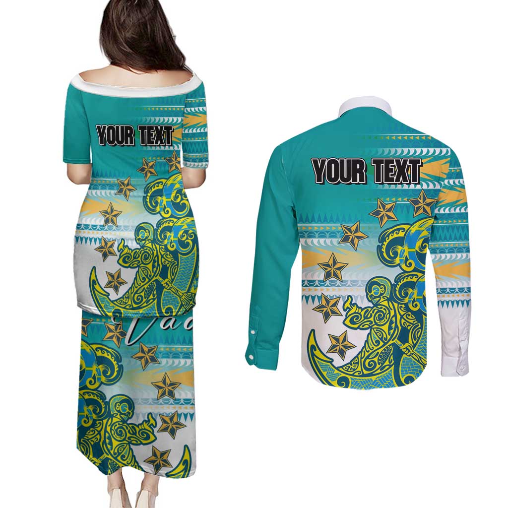 Personalised Cook Islands Va'a Race Couples Matching Puletasi and Long Sleeve Button Shirt Te Tatau Tattoos Sporty Style Turquoise Color - Polynesian Pride