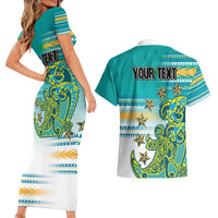 Personalised Cook Islands Va'a Race Couples Matching Short Sleeve Bodycon Dress and Hawaiian Shirt Te Tatau Tattoos Sporty Style Turquoise Color - Polynesian Pride