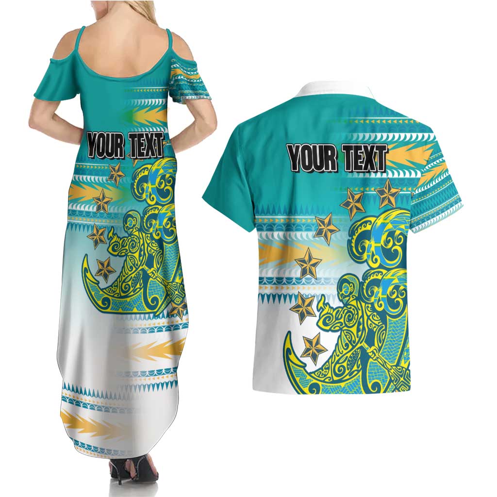 Personalised Cook Islands Va'a Race Couples Matching Summer Maxi Dress and Hawaiian Shirt Te Tatau Tattoos Sporty Style Turquoise Color - Polynesian Pride
