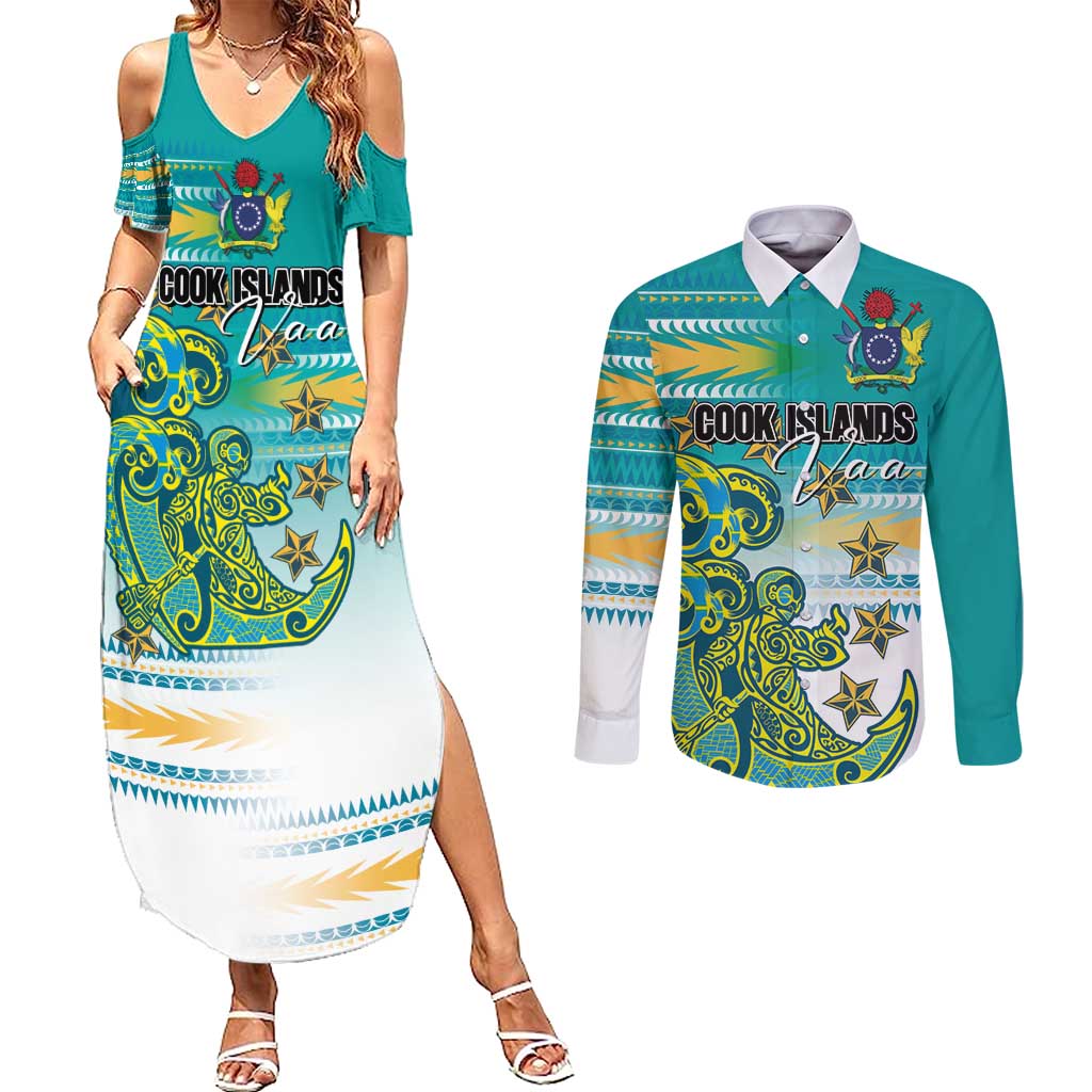 Personalised Cook Islands Va'a Race Couples Matching Summer Maxi Dress and Long Sleeve Button Shirt Te Tatau Tattoos Sporty Style Turquoise Color - Polynesian Pride