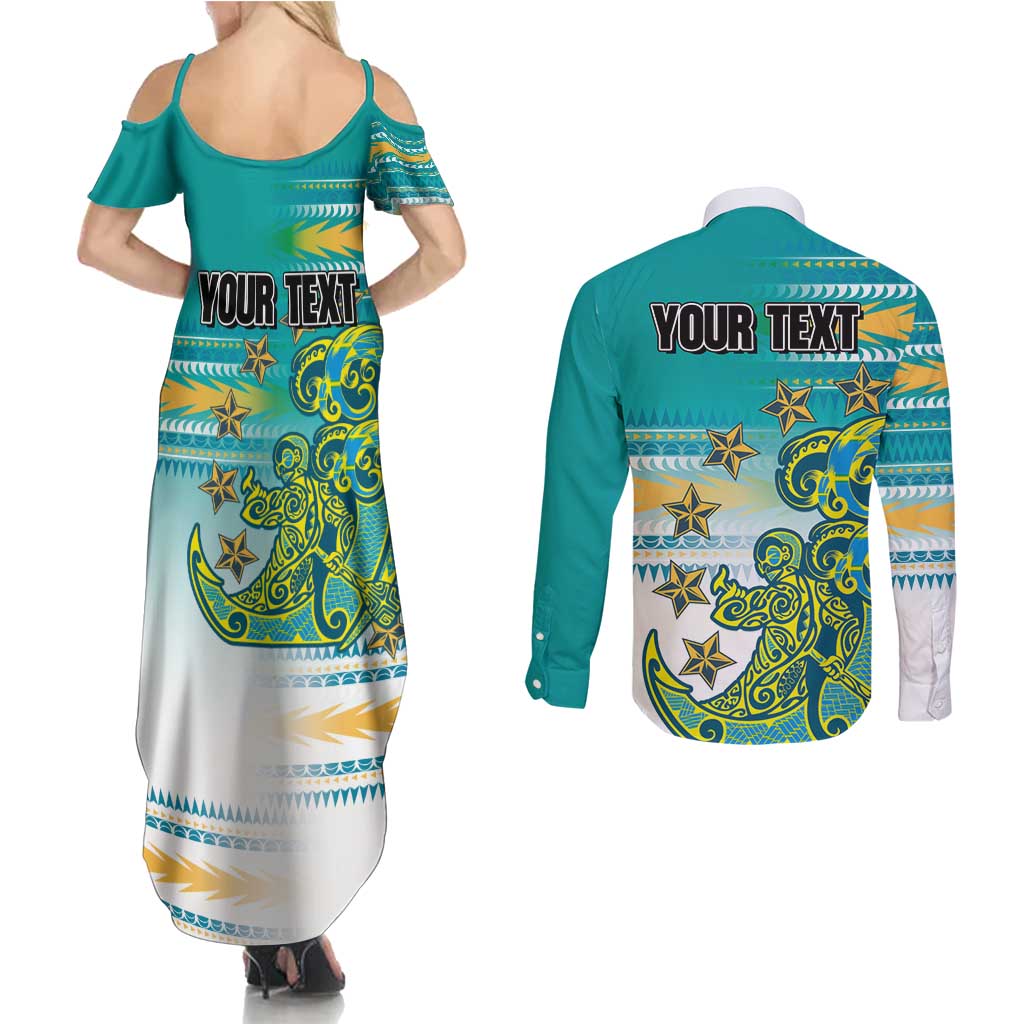 Personalised Cook Islands Va'a Race Couples Matching Summer Maxi Dress and Long Sleeve Button Shirt Te Tatau Tattoos Sporty Style Turquoise Color - Polynesian Pride