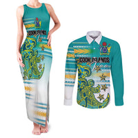 Personalised Cook Islands Va'a Race Couples Matching Tank Maxi Dress and Long Sleeve Button Shirt Te Tatau Tattoos Sporty Style Turquoise Color - Polynesian Pride