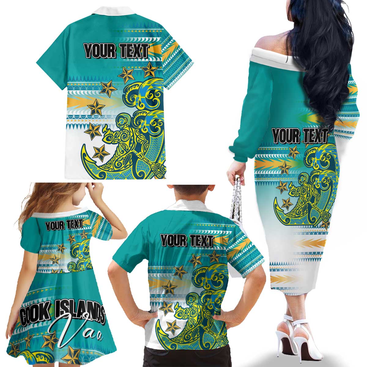 Personalised Cook Islands Va'a Race Family Matching Off The Shoulder Long Sleeve Dress and Hawaiian Shirt Te Tatau Tattoos Sporty Style Turquoise Color - Polynesian Pride