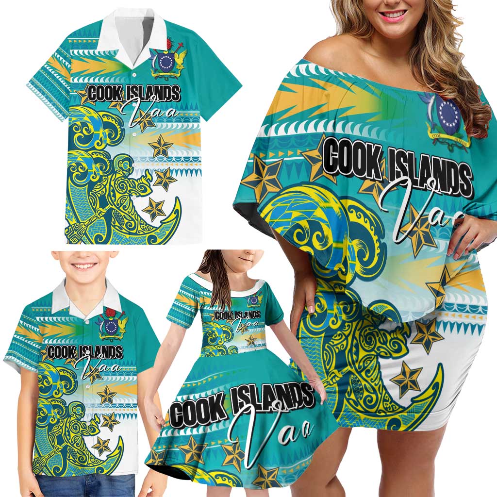 Personalised Cook Islands Va'a Race Family Matching Off Shoulder Short Dress and Hawaiian Shirt Te Tatau Tattoos Sporty Style Turquoise Color - Polynesian Pride