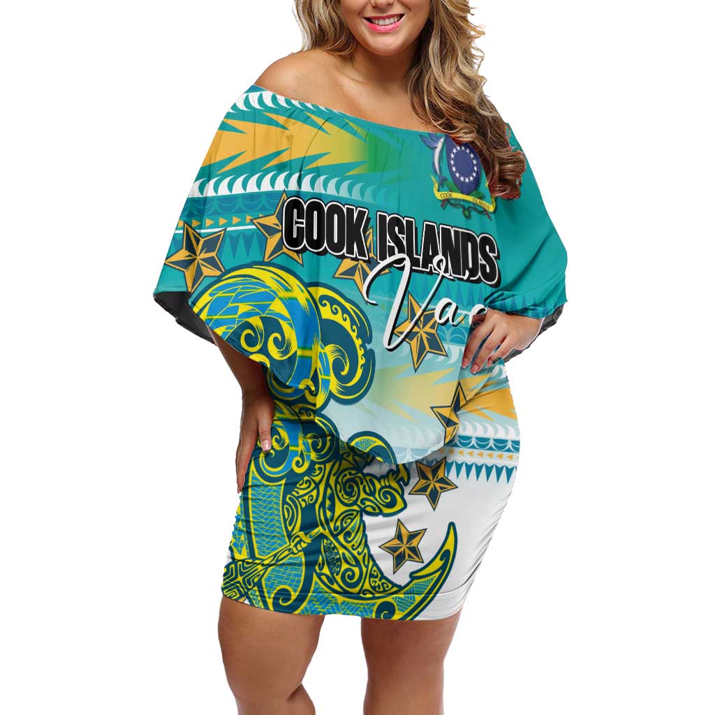 Personalised Cook Islands Va'a Race Family Matching Off Shoulder Short Dress and Hawaiian Shirt Te Tatau Tattoos Sporty Style Turquoise Color - Polynesian Pride