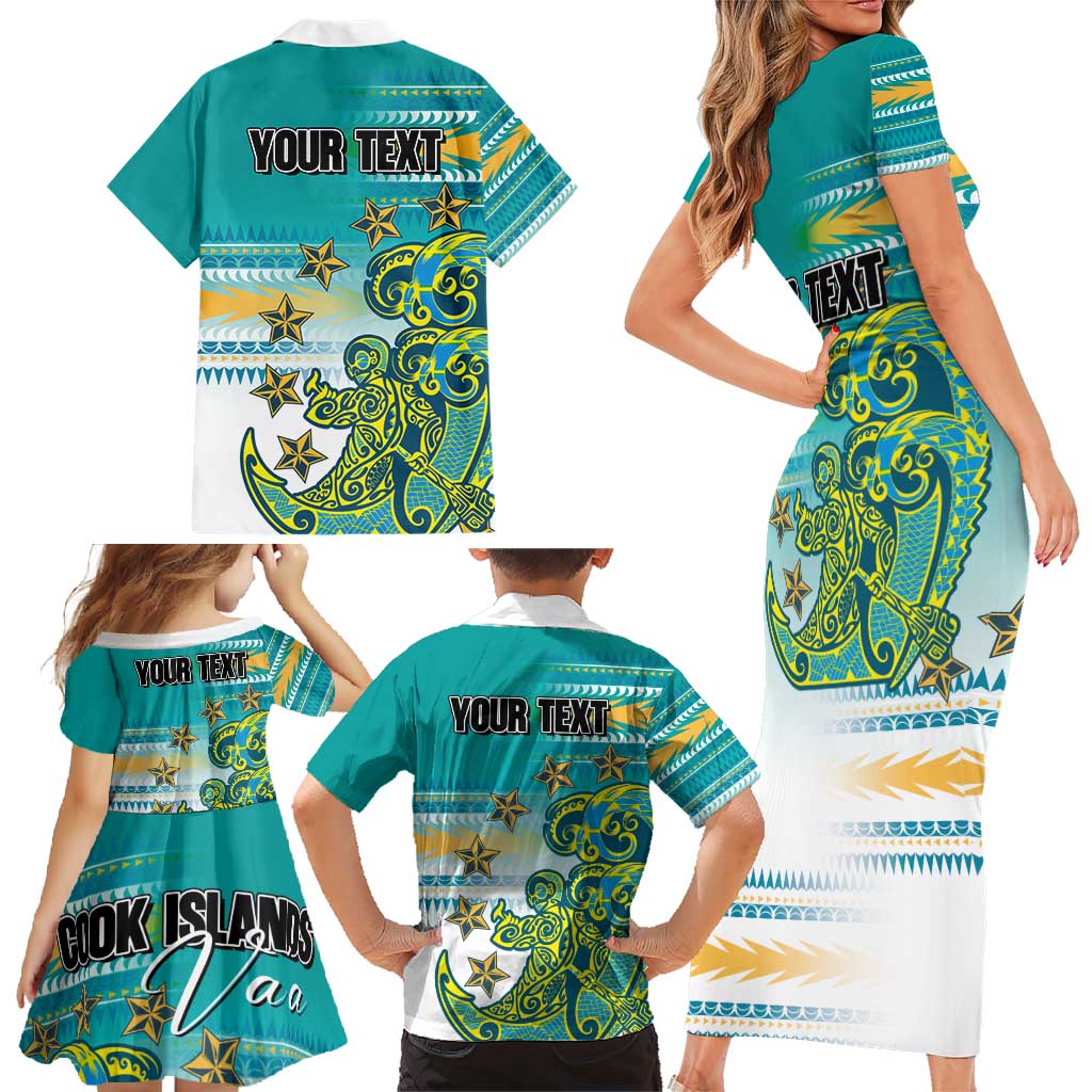Personalised Cook Islands Va'a Race Family Matching Short Sleeve Bodycon Dress and Hawaiian Shirt Te Tatau Tattoos Sporty Style Turquoise Color - Polynesian Pride