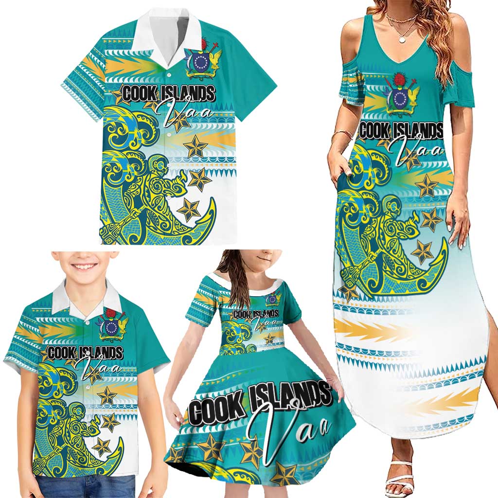 Personalised Cook Islands Va'a Race Family Matching Summer Maxi Dress and Hawaiian Shirt Te Tatau Tattoos Sporty Style Turquoise Color - Polynesian Pride