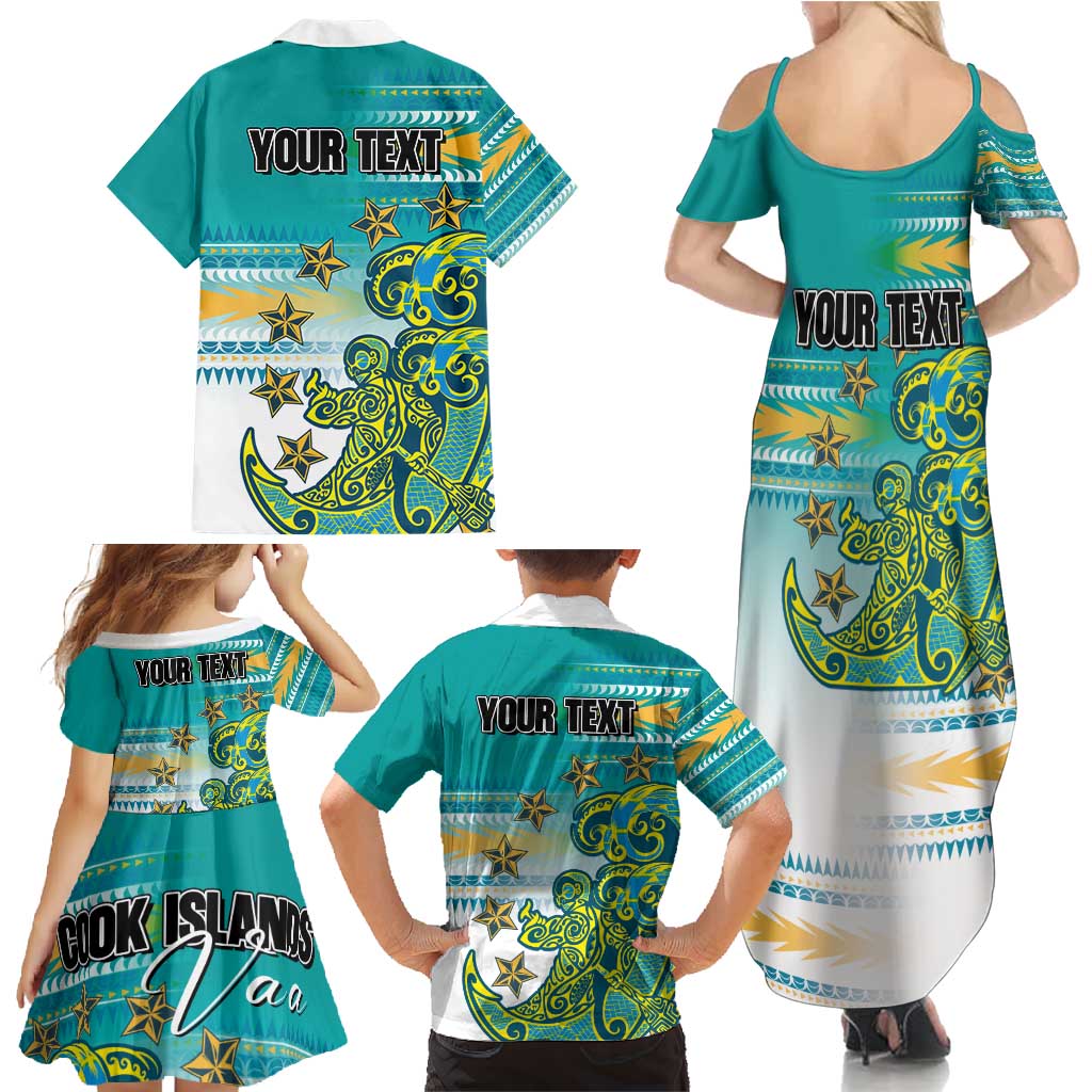 Personalised Cook Islands Va'a Race Family Matching Summer Maxi Dress and Hawaiian Shirt Te Tatau Tattoos Sporty Style Turquoise Color - Polynesian Pride