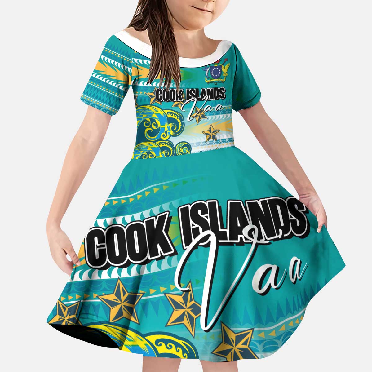 Personalised Cook Islands Va'a Race Kid Short Sleeve Dress Te Tatau Tattoos Sporty Style Turquoise Color - Polynesian Pride