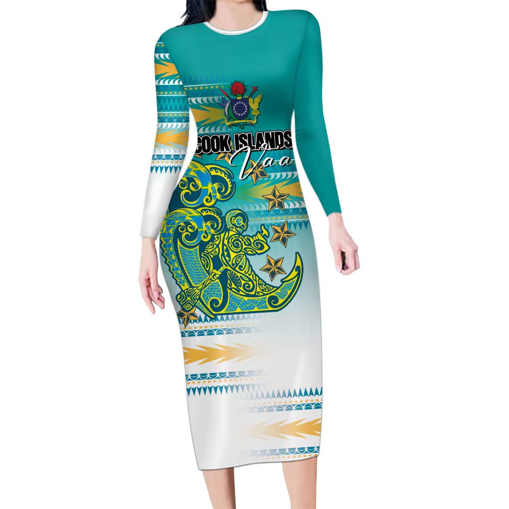 Personalised Cook Islands Va'a Race Long Sleeve Bodycon Dress Te Tatau Tattoos Sporty Style Turquoise Color - Polynesian Pride