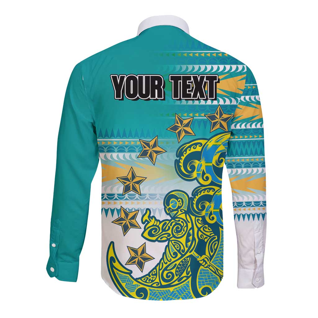 Personalised Cook Islands Va'a Race Long Sleeve Button Shirt Te Tatau Tattoos Sporty Style Turquoise Color - Polynesian Pride