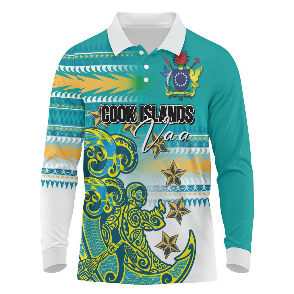 Personalised Cook Islands Va'a Race Long Sleeve Polo Shirt Te Tatau Tattoos Sporty Style Turquoise Color - Polynesian Pride