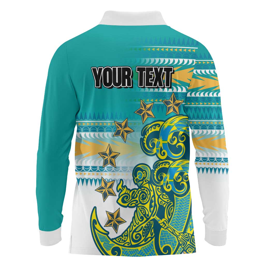 Personalised Cook Islands Va'a Race Long Sleeve Polo Shirt Te Tatau Tattoos Sporty Style Turquoise Color - Polynesian Pride