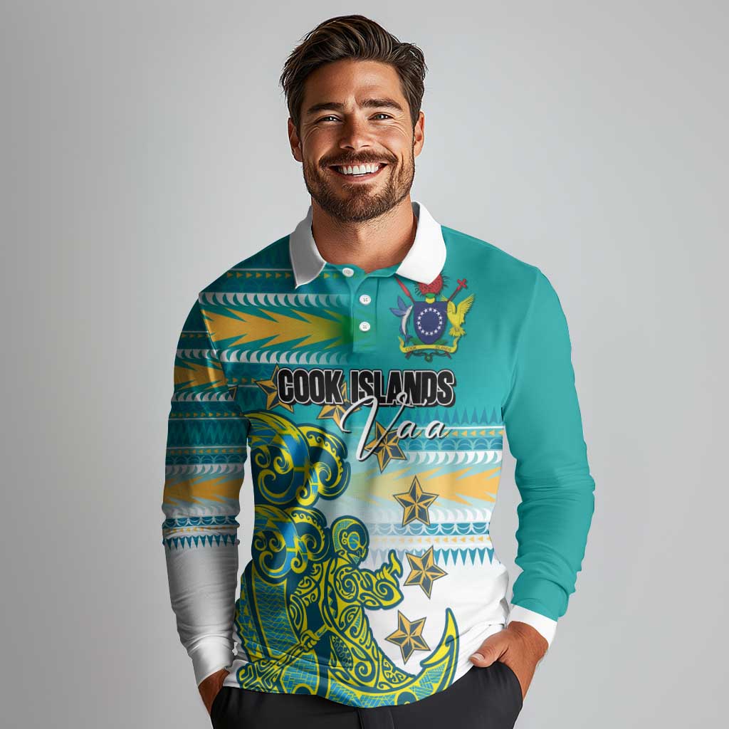 Personalised Cook Islands Va'a Race Long Sleeve Polo Shirt Te Tatau Tattoos Sporty Style Turquoise Color - Polynesian Pride