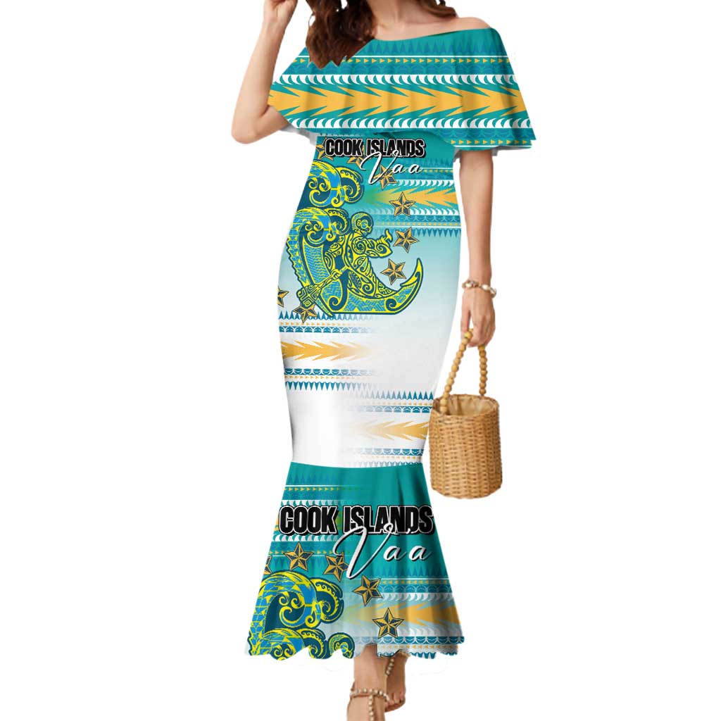 Personalised Cook Islands Va'a Race Mermaid Dress Te Tatau Tattoos Sporty Style Turquoise Color - Polynesian Pride