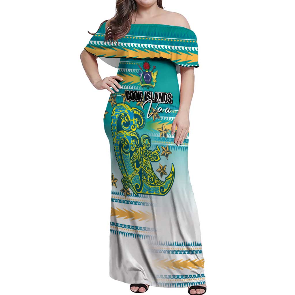 Personalised Cook Islands Va'a Race Off Shoulder Maxi Dress Te Tatau Tattoos Sporty Style Turquoise Color - Polynesian Pride