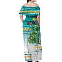 Personalised Cook Islands Va'a Race Off Shoulder Maxi Dress Te Tatau Tattoos Sporty Style Turquoise Color - Polynesian Pride