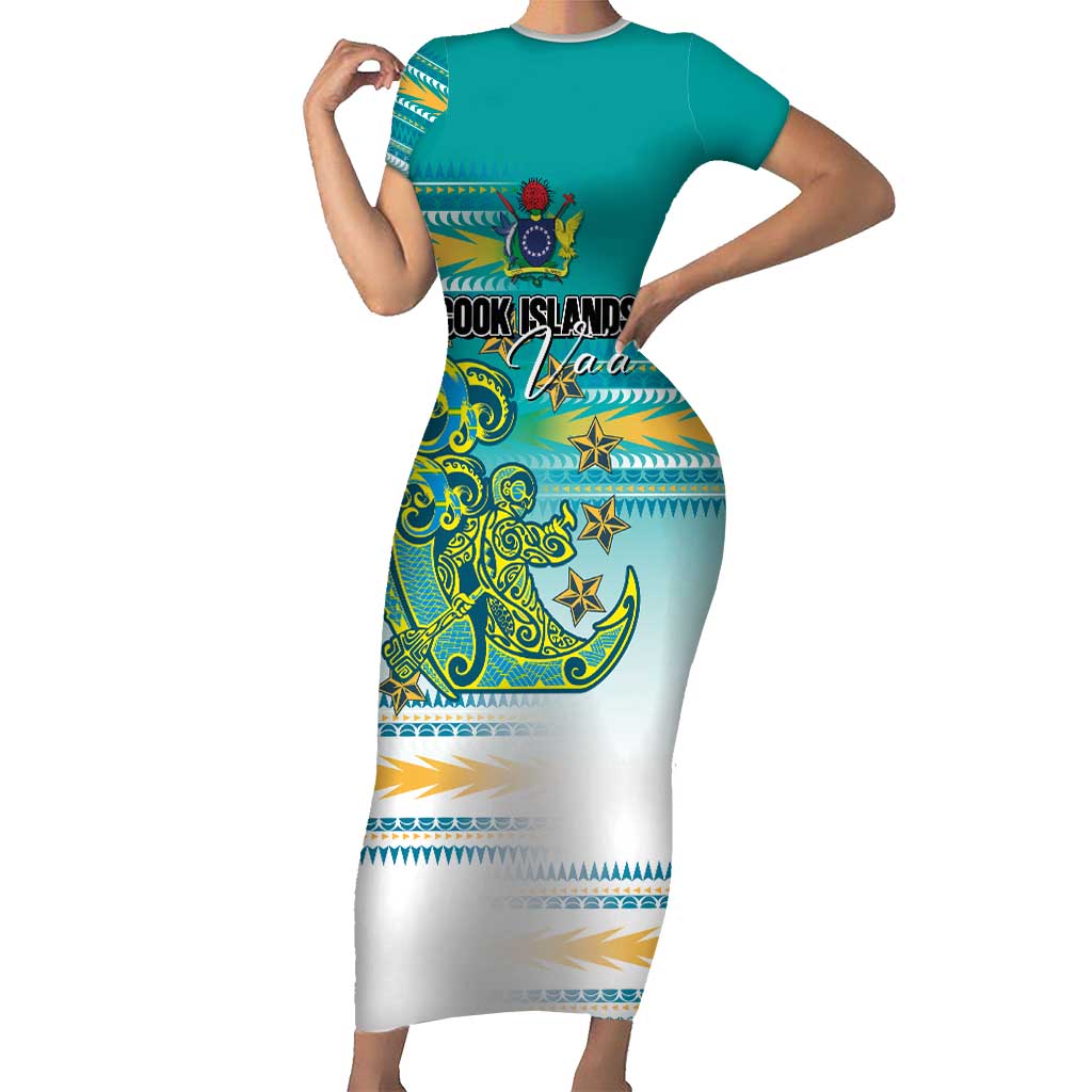 Personalised Cook Islands Va'a Race Short Sleeve Bodycon Dress Te Tatau Tattoos Sporty Style Turquoise Color - Polynesian Pride