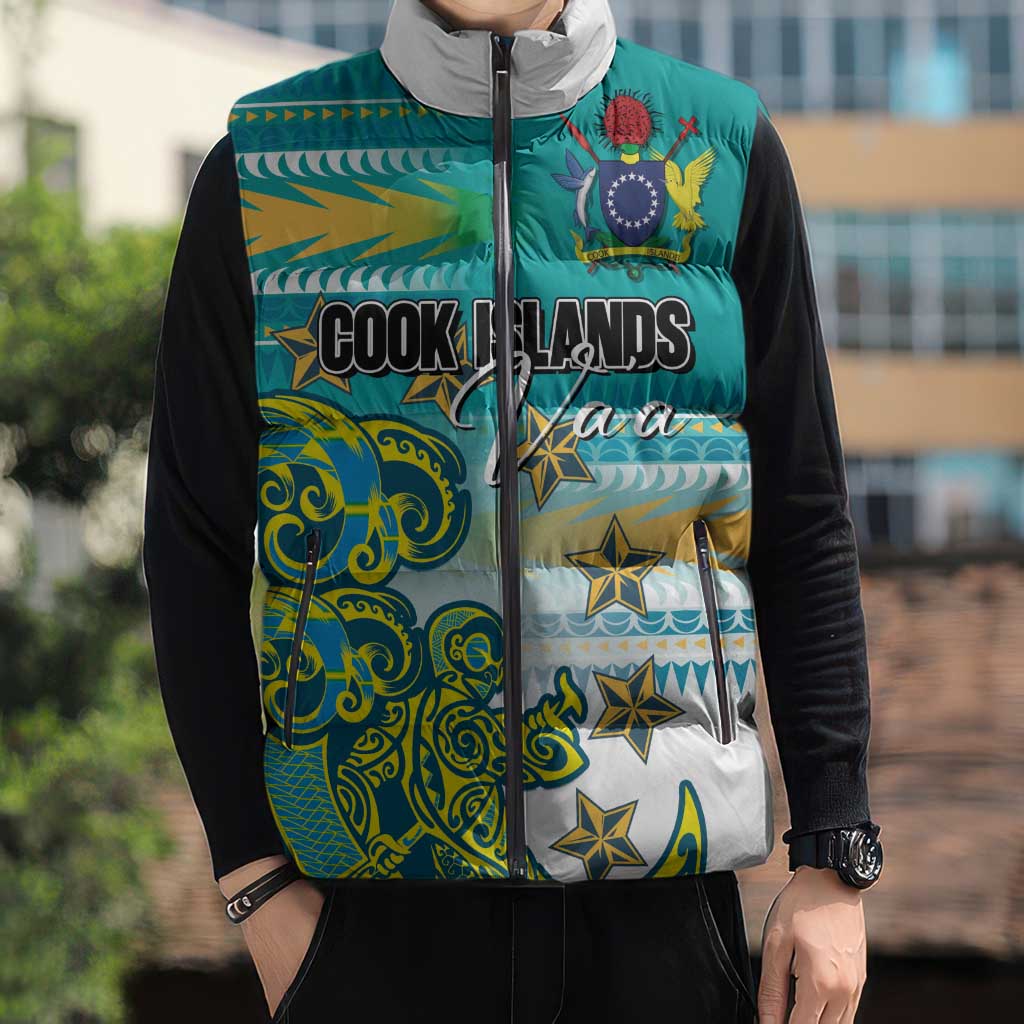 Personalised Cook Islands Va'a Race Sleeveless Puffer Jacket Te Tatau Tattoos Sporty Style Turquoise Color - Polynesian Pride