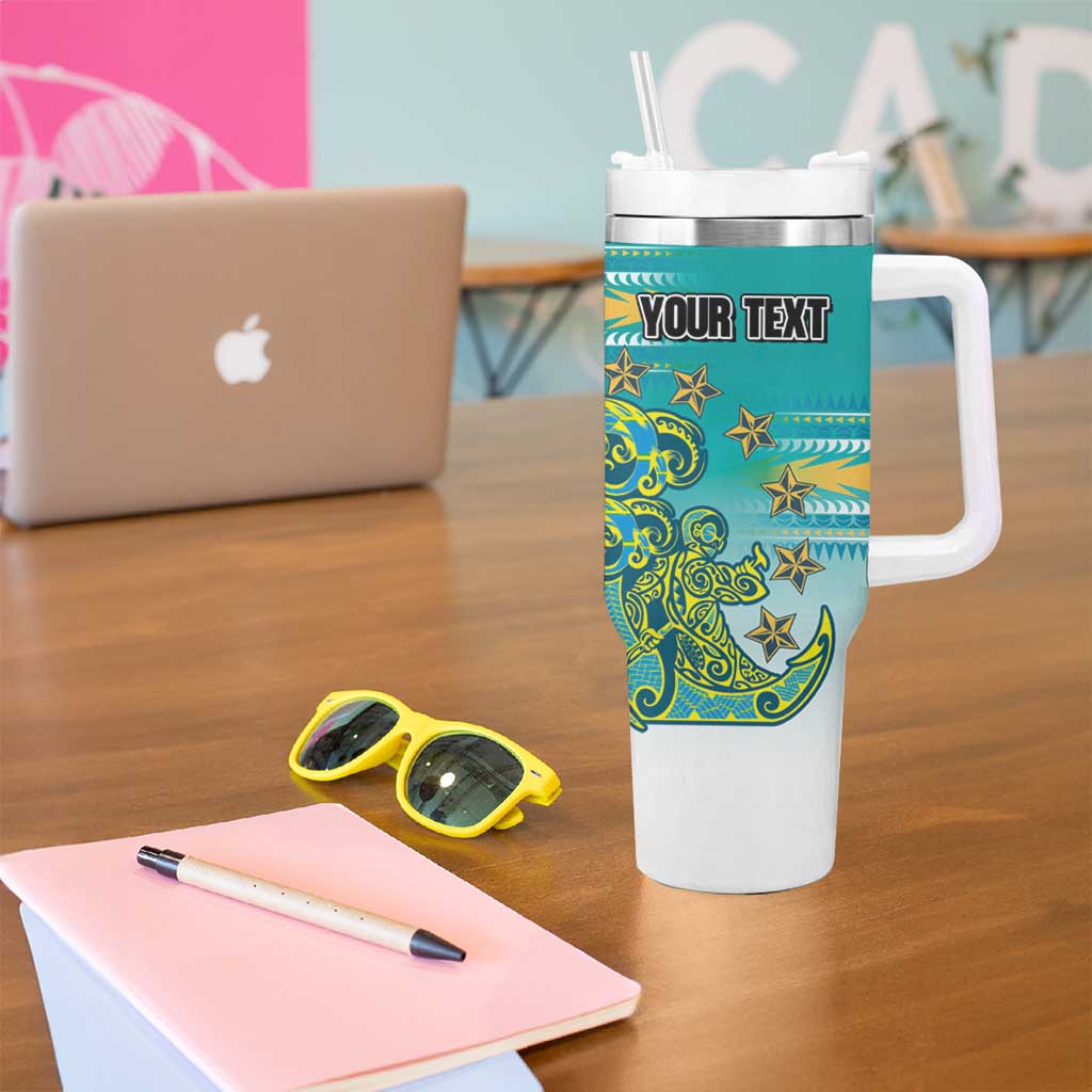 Personalised Cook Islands Va'a Race Tumbler With Handle Te Tatau Tattoos Sporty Style Turquoise Color - Polynesian Pride