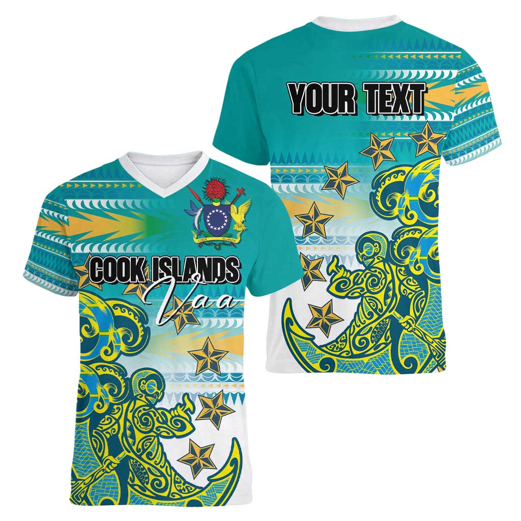 Personalised Cook Islands Va'a Race Women V-Neck T-Shirt Te Tatau Tattoos Sporty Style Turquoise Color - Polynesian Pride