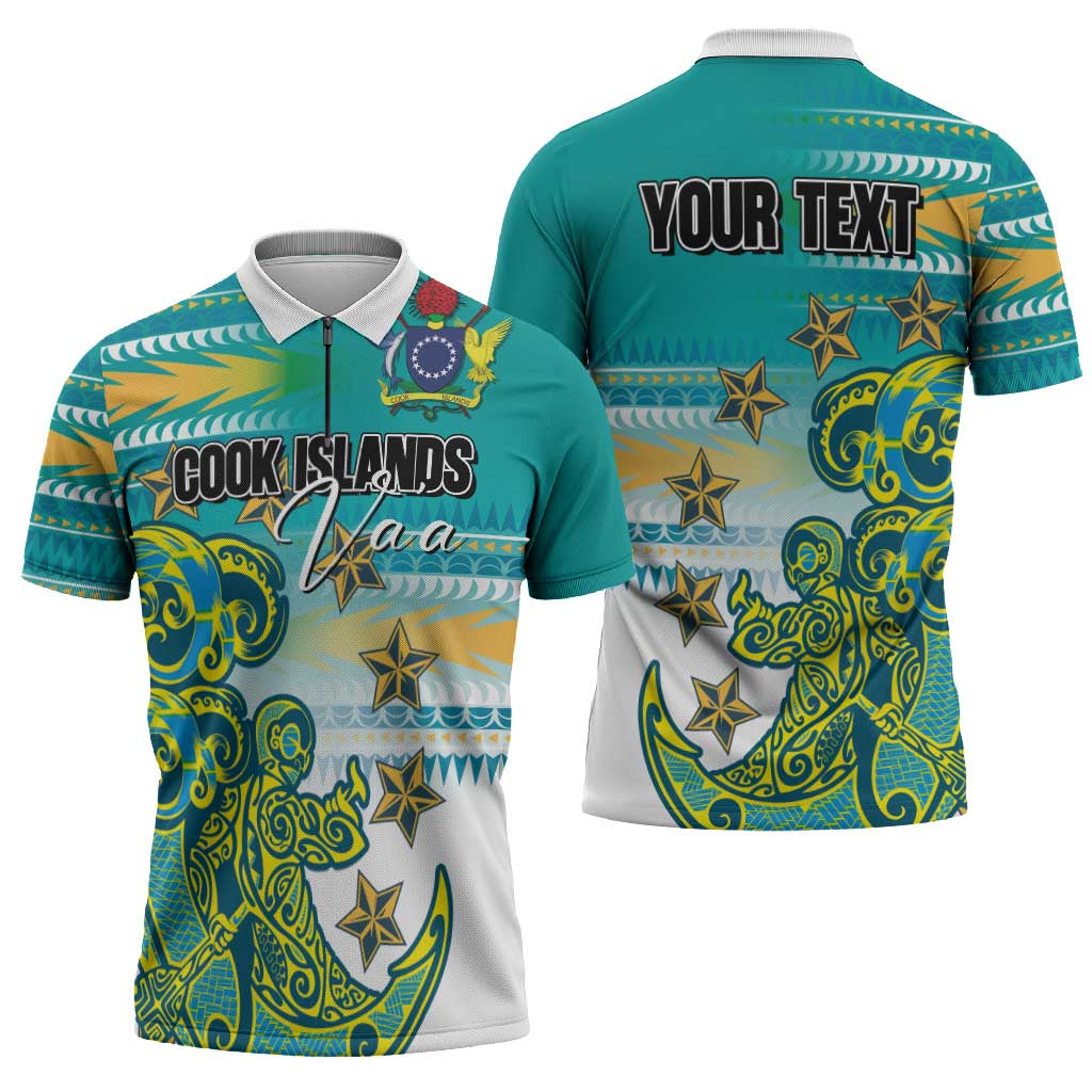 Personalised Cook Islands Va'a Race Zipper Polo Shirt Te Tatau Tattoos Sporty Style Turquoise Color - Polynesian Pride