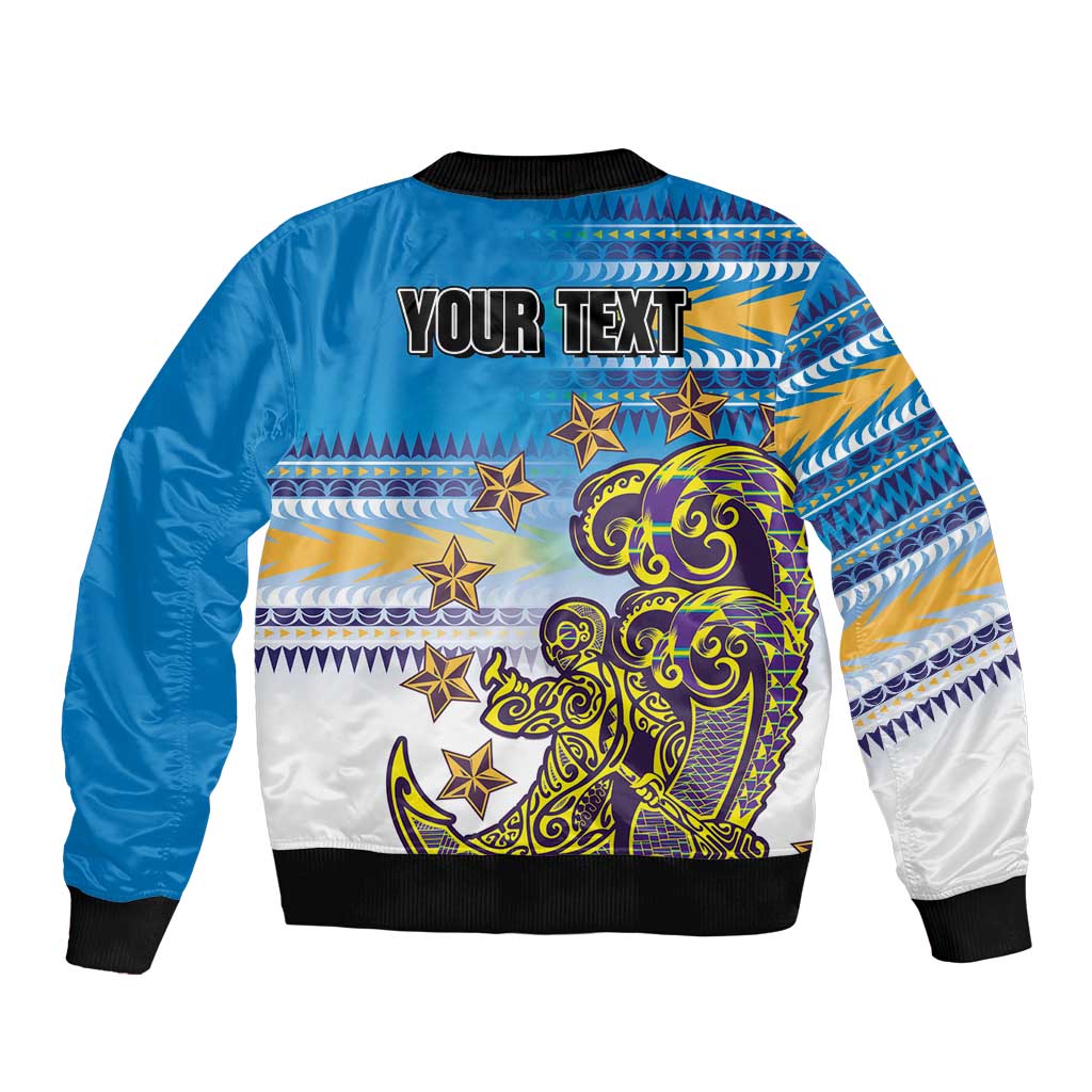 Personalised Cook Islands Va'a Race Bomber Jacket Te Tatau Tattoos Sporty Style Glory Blue Color - Polynesian Pride