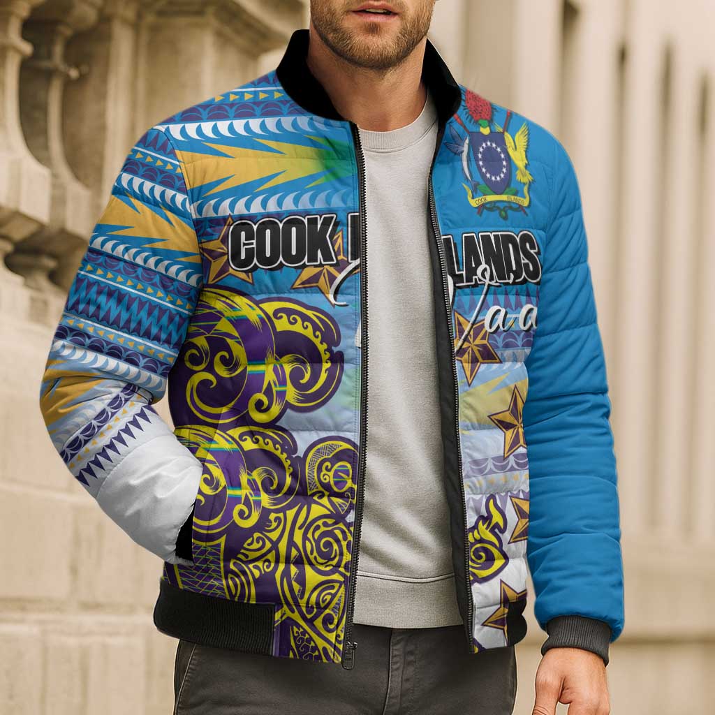 Personalised Cook Islands Va'a Race Bomber Puffer Jacket Te Tatau Tattoos Sporty Style Glory Blue Color - Polynesian Pride