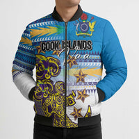 Personalised Cook Islands Va'a Race Bomber Puffer Jacket Te Tatau Tattoos Sporty Style Glory Blue Color - Polynesian Pride