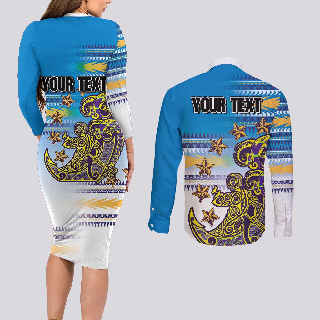 Personalised Cook Islands Va'a Race Couples Matching Long Sleeve Bodycon Dress and Long Sleeve Button Shirt Te Tatau Tattoos Sporty Style Glory Blue Color - Polynesian Pride