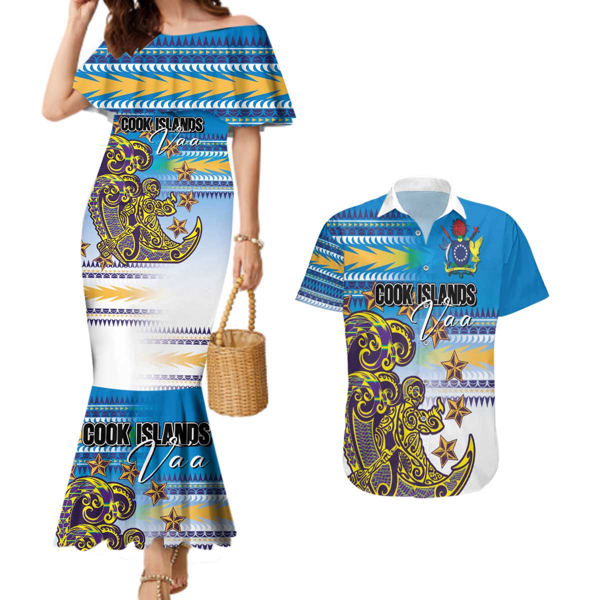 Personalised Cook Islands Va'a Race Couples Matching Mermaid Dress and Hawaiian Shirt Te Tatau Tattoos Sporty Style Glory Blue Color - Polynesian Pride