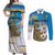 Personalised Cook Islands Va'a Race Couples Matching Off Shoulder Maxi Dress and Long Sleeve Button Shirt Te Tatau Tattoos Sporty Style Glory Blue Color - Polynesian Pride