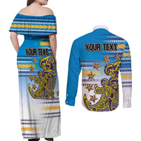 Personalised Cook Islands Va'a Race Couples Matching Off Shoulder Maxi Dress and Long Sleeve Button Shirt Te Tatau Tattoos Sporty Style Glory Blue Color - Polynesian Pride